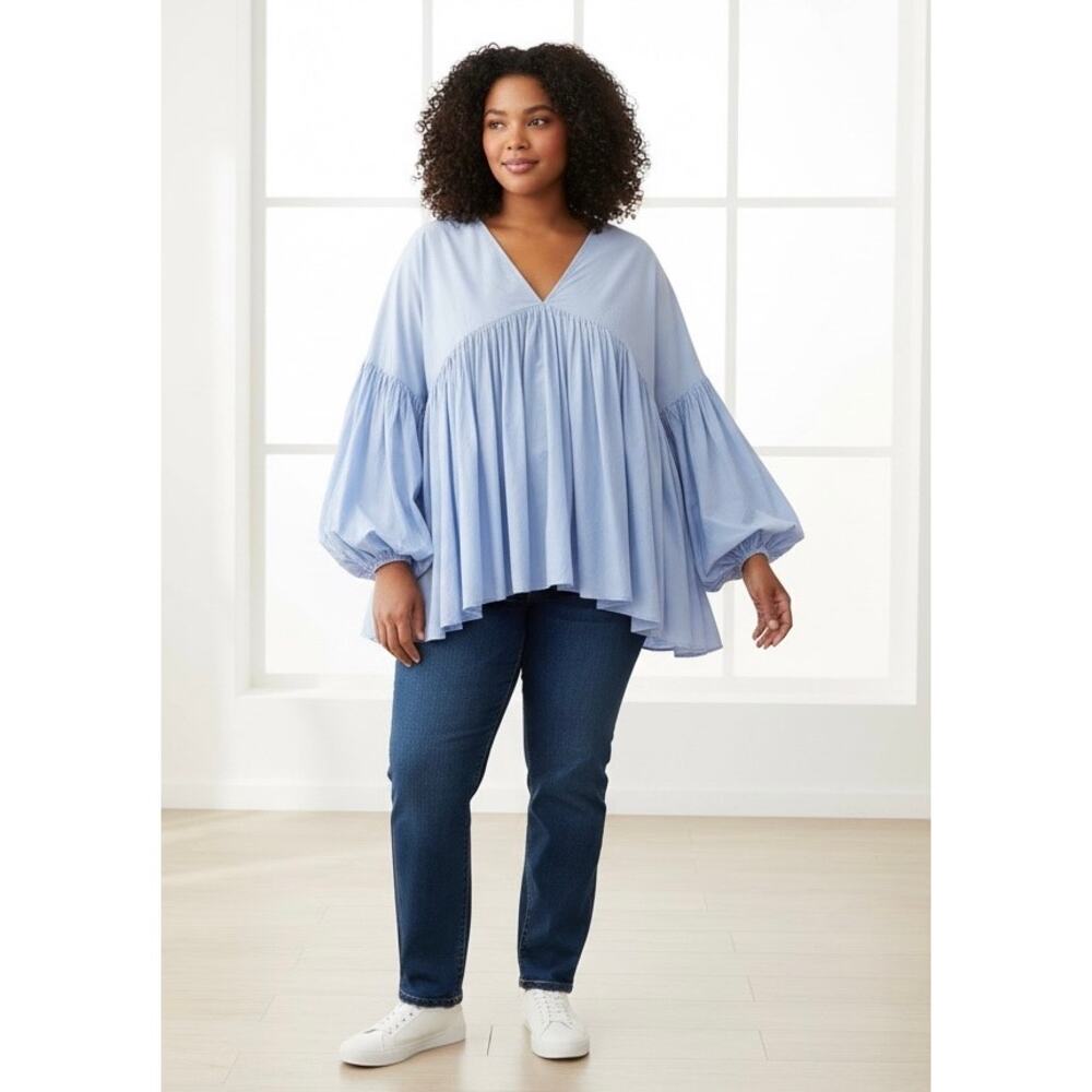ASOS EDITION Curve cotton poplin V-neck oversized volume sleeve pastel blue sz20 - Picture 1 of 5